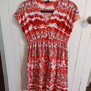 Faded Glory Vibrant Red and White Patterned Midi Dress